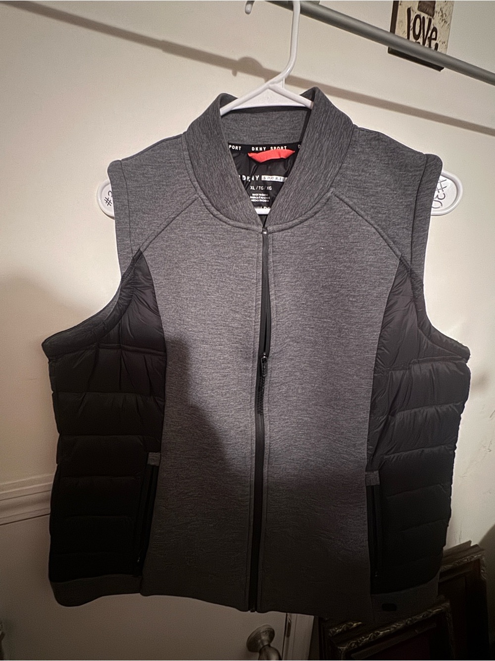 DKNY Gray Front Knit Vest with Black Quilted Sides